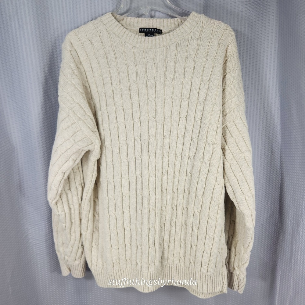 CONSENSUS Sportswear Men's Pullover Sweater Jumper Beige‎ Cable Knit Cotton XXL